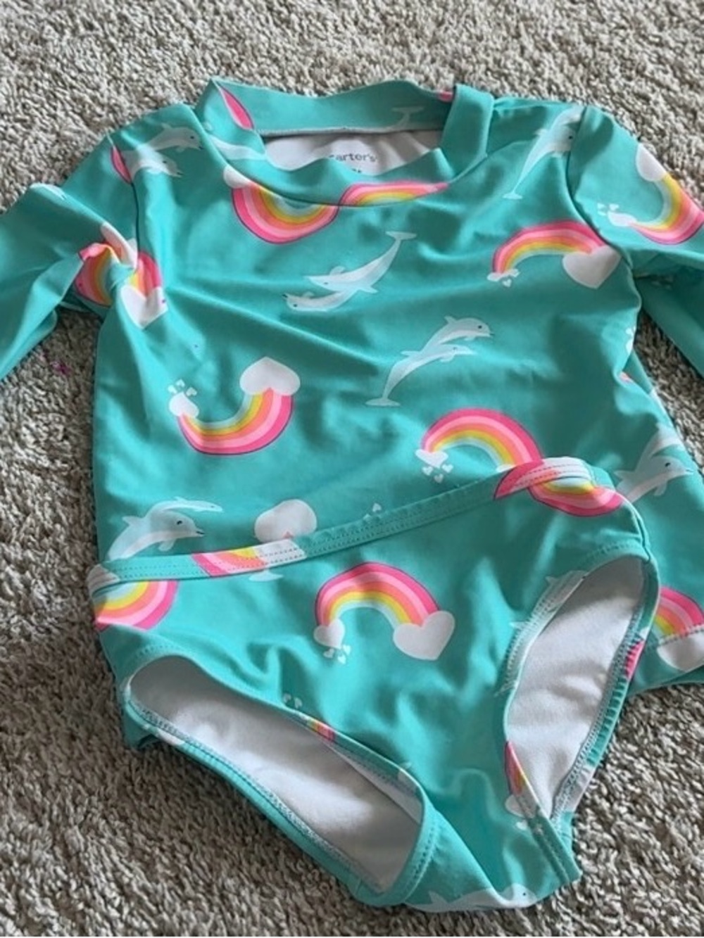 Carter's Turquoise Long-Sleeve One-Piece with Rainbow & Dolphin Print